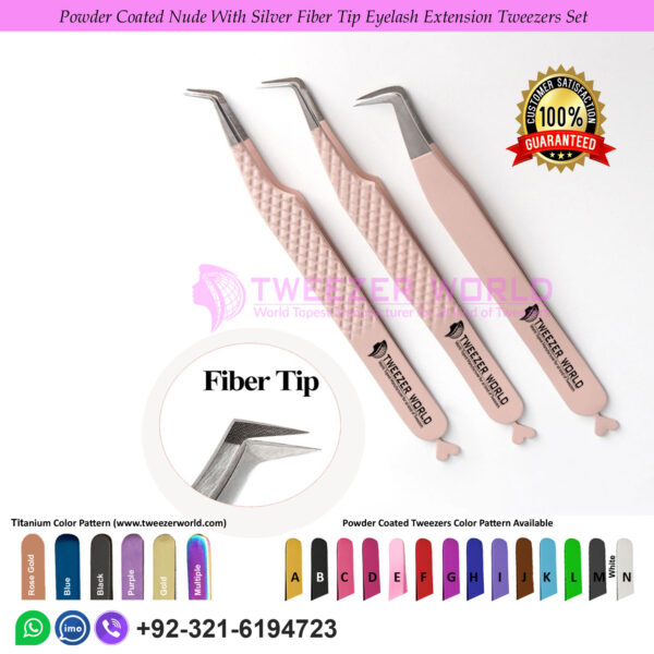 5 Pcs Powder Coated Nude With Silver Fiber Tip Eyelash Extension Tweezers Set For Professionals