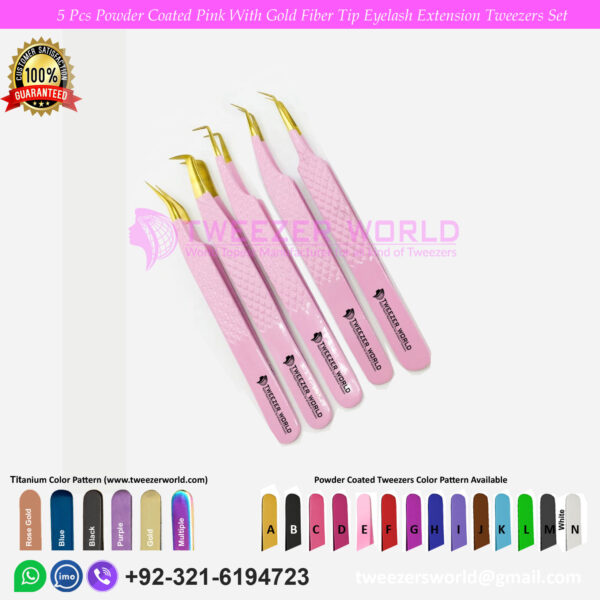 5 Pcs Powder Coated Pink With Gold Fiber Tip Eyelash Extension Tweezers Set