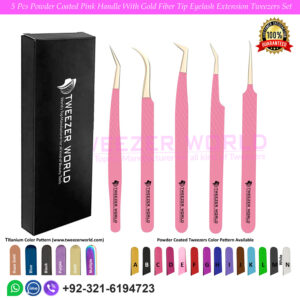 5 Pcs Powder Coated Pink Handle With Gold Fiber Tip Eyelash Extension Tweezers Set