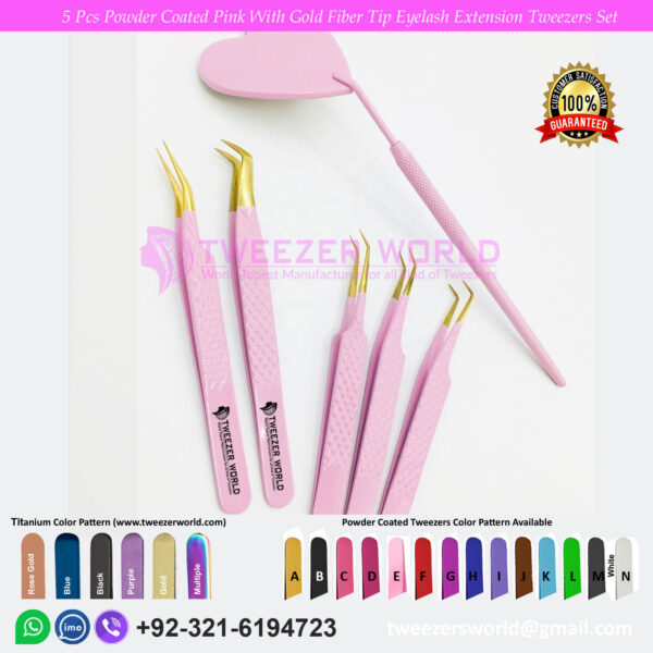 5 Pcs Powder Coated Pink With Gold Fiber Tip Eyelash Extension Tweezers Set