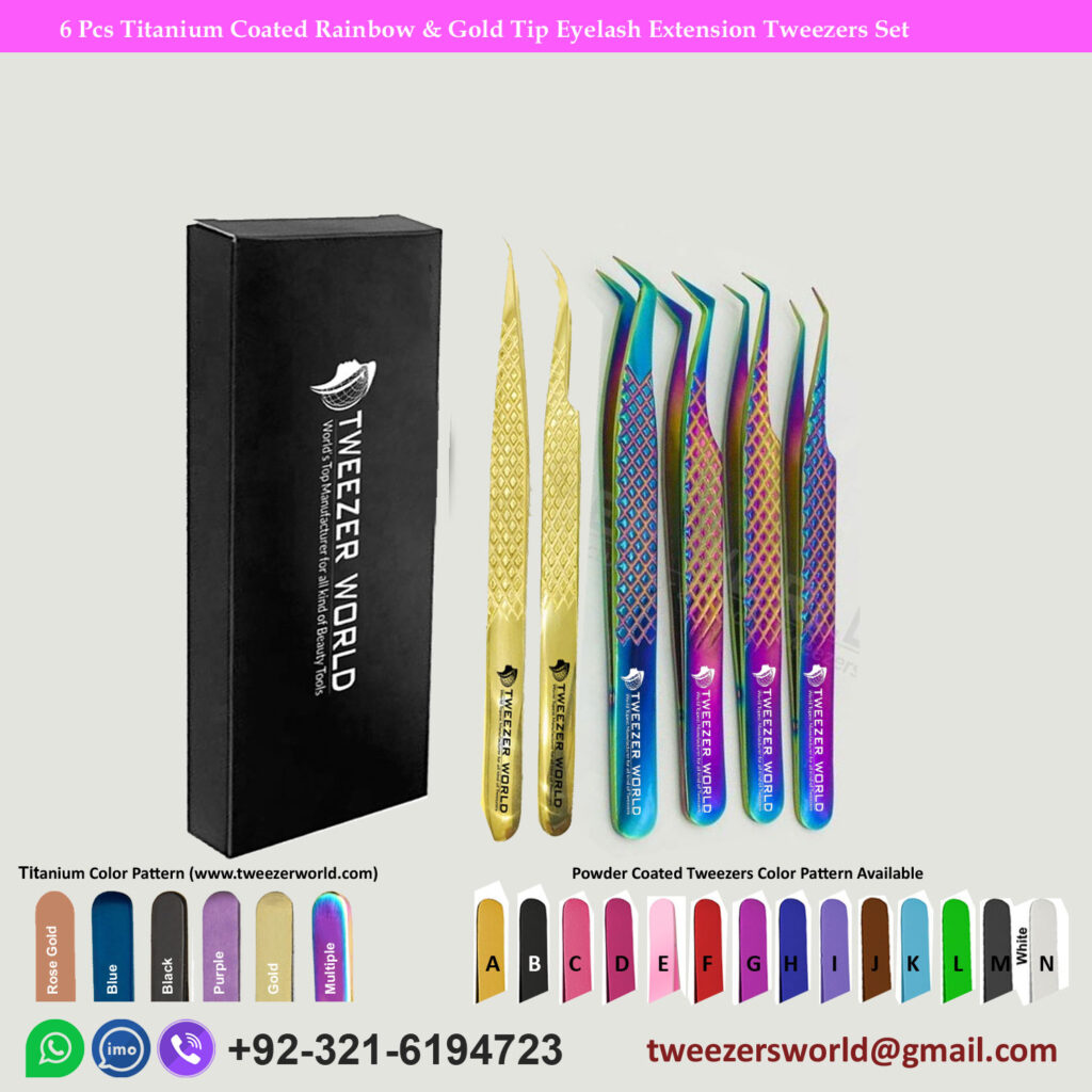 6 Pcs Titanium Coated Rainbow & Gold Tip Eyelash Extension Tweezers Set
