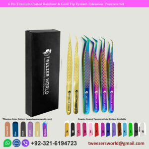 6 Pcs Titanium Coated Rainbow & Gold Tip Eyelash Extension Tweezers Set