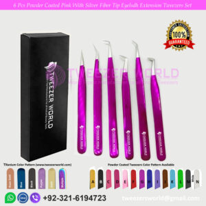6 Pcs Powder Coated With Silver Fiber Tip Eyelash Extension Tweezers Set For Professionals