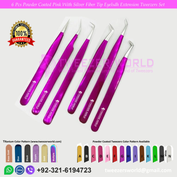 6 Pcs Powder Coated With Silver Fiber Tip Eyelash Extension Tweezers Set For Professionals