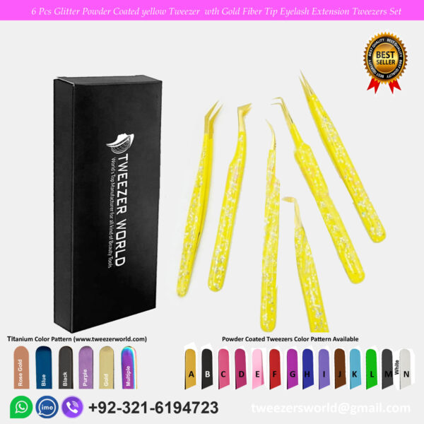 6 Pcs Glitter Powder Coated yellow Tweezer with Gold Fiber Tip Eyelash Extension Tweezers Set