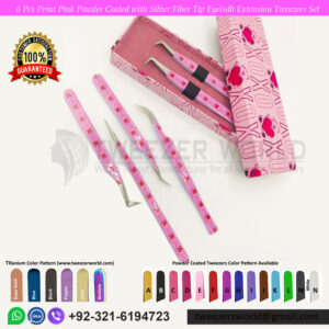 6 Pcs Print Powder Coated Pink with Silver Fiber Tip Eyelash Extension Tweezers Set