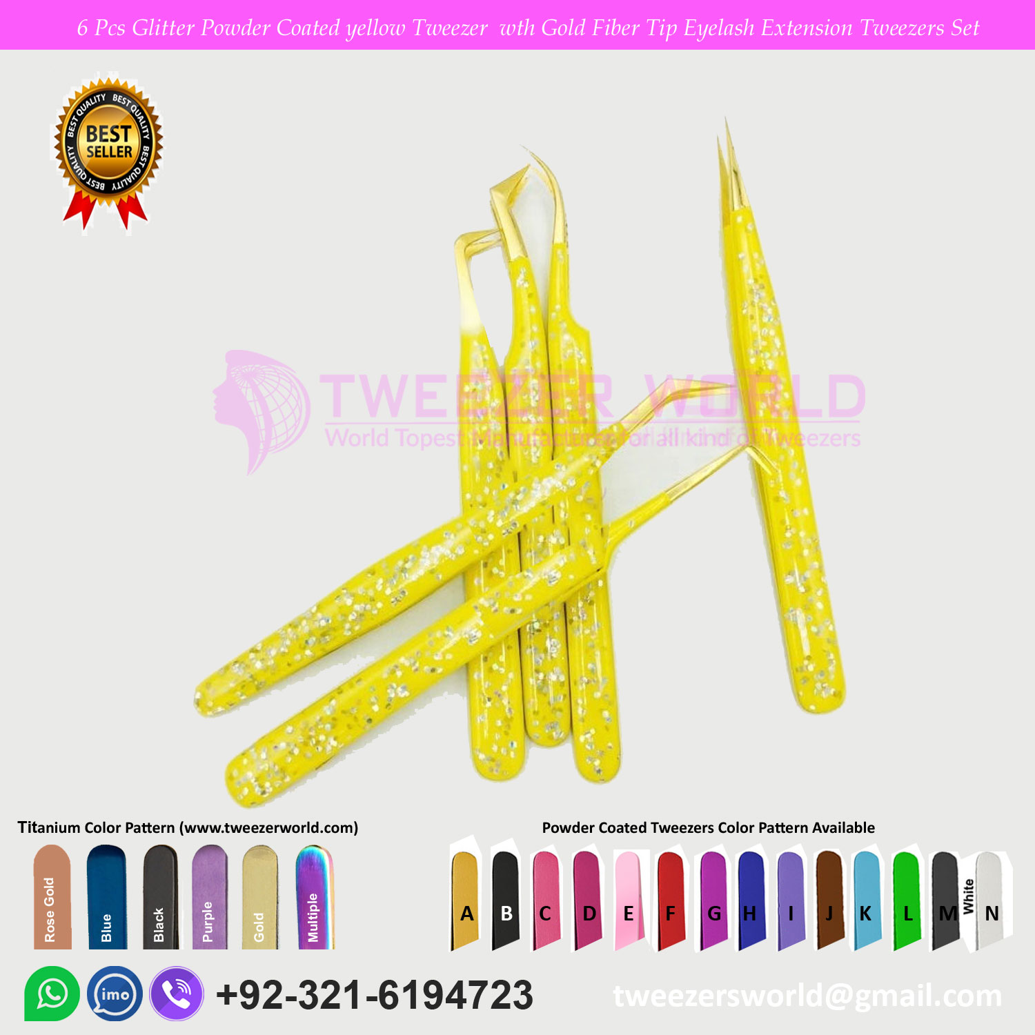 6 Pcs Glitter Powder Coated yellow Tweezer  with Gold Fiber Tip Eyelash Extension Tweezers Set