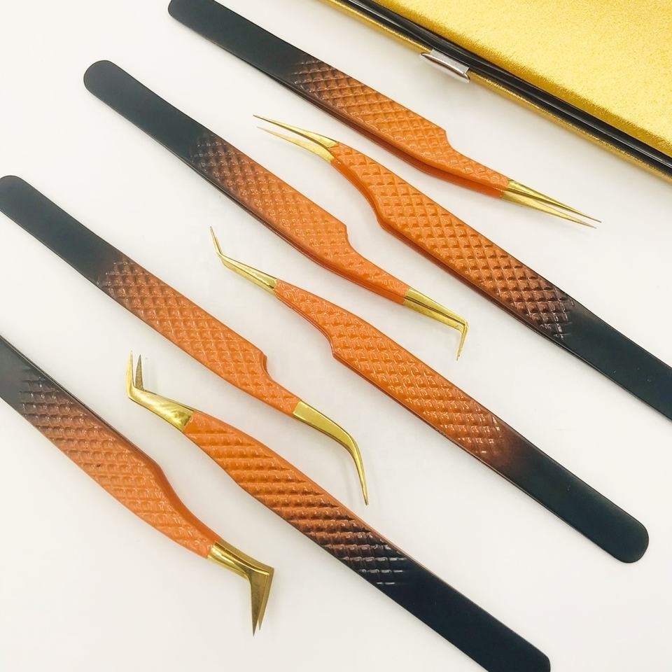 7 Pcs Double Shaded Powder Coated With Gold Fiber Tip Eyelash Extension Tweezers Set For Professionals