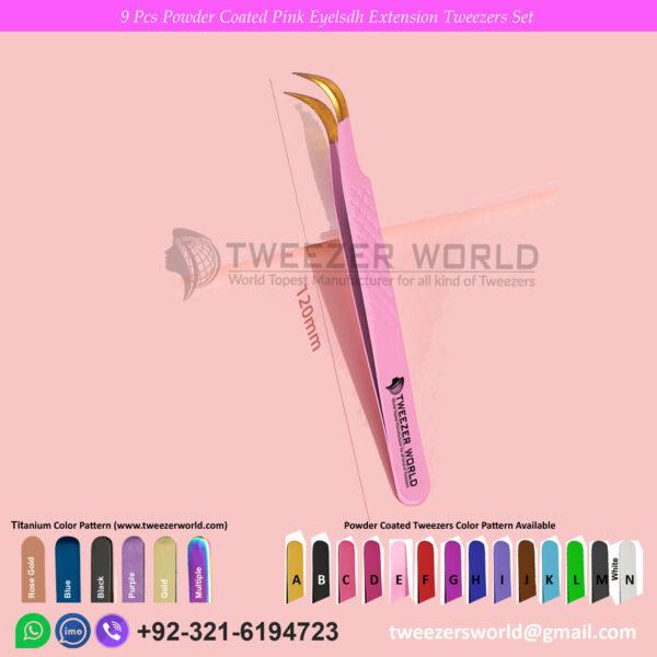 9 Pcs Powder Coated Pink With Gold Fiber Tip Eyelash Extension Tweezers Set for Professionals