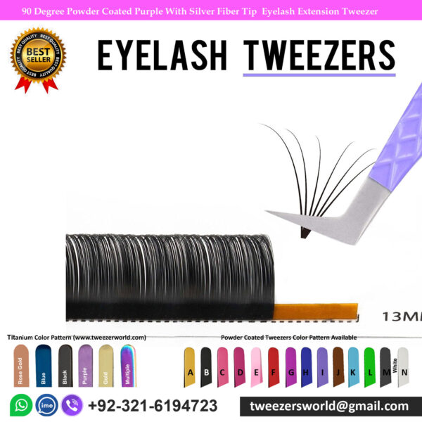 90 Degree Powder Coated Purple With Silver Fiber Tip Eyelash Extension Tweezer