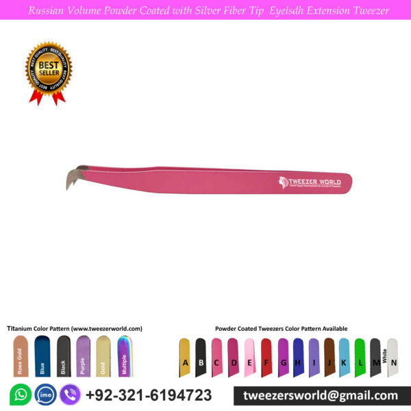 Russian Volume Powder Coated Pink with Silver Fiber Tip Eyelash Extension Tweezer for Professionals