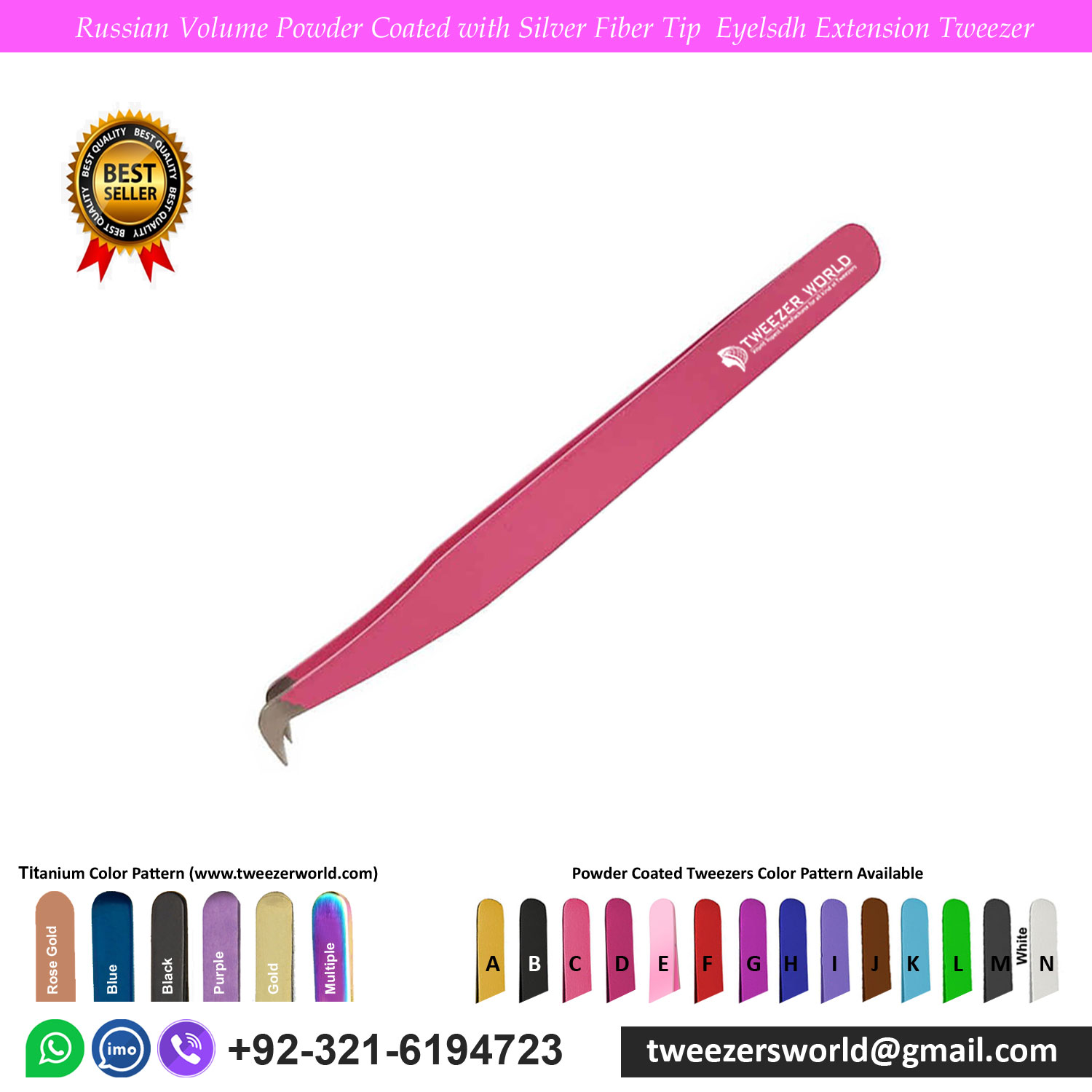 Russian Volume Powder Coated Pink with Silver Fiber Tip Eyelash Extension Tweezer for Professionals