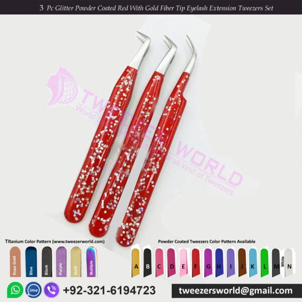 3 Pcs Glitter Powder Coated Red With Silver Fiber Tip Eyelash Extension Tweezers Set