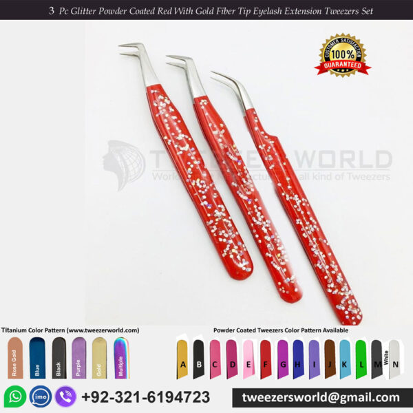 3 Pcs Glitter Powder Coated Red With Silver Fiber Tip Eyelash Extension Tweezers Set